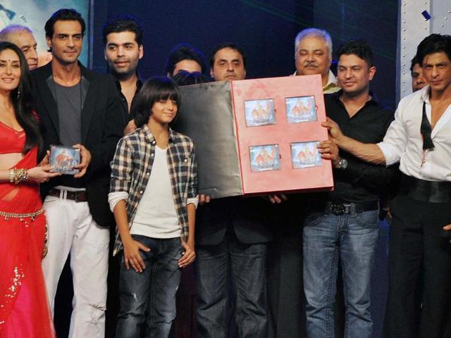 Kareena Kapoor, Shah Rukh Khan, Arjun Rampal, Karan Johar along with director Anubhav Sinha, Vishal-Shekhar and Bhushan Kumar at the music release of RA.One.