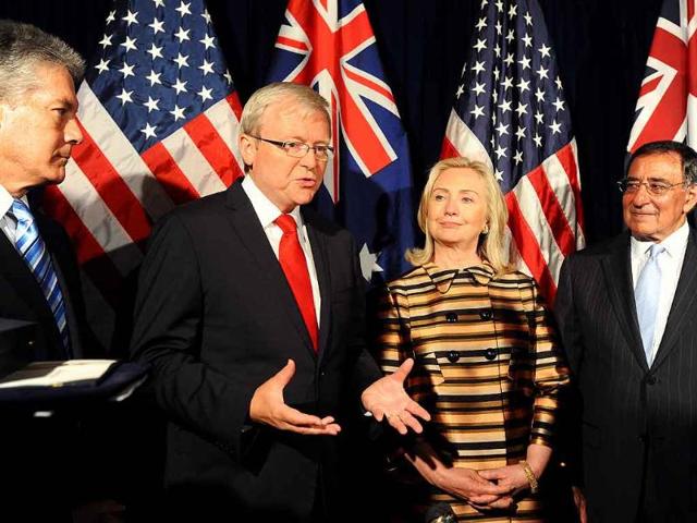 Australian foreign minister Kevin Rudd appears with secretary of state Hillary Rodham Clinton during a visit to San Francisco.