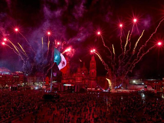 Fireworks are launched for the Independence Day celebrations in the Zocalo in Mexico City.