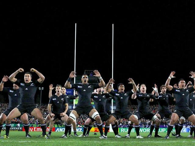 All Blacks perform the haka before the 2011 Rugby World Cup pool A match New Zealand vs Japan at Waikato stadium in Hamilton 