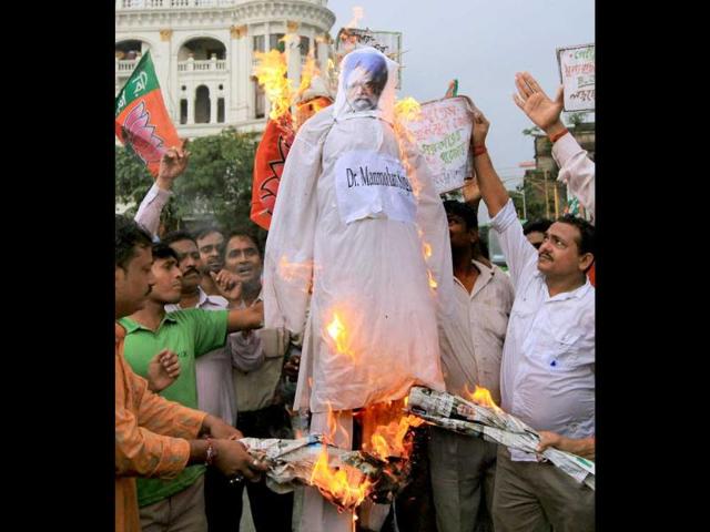 BJP activists burn an effigy of Prime Minister Manmohan Singh during their agitation against petrol price hike in Kolkata.
