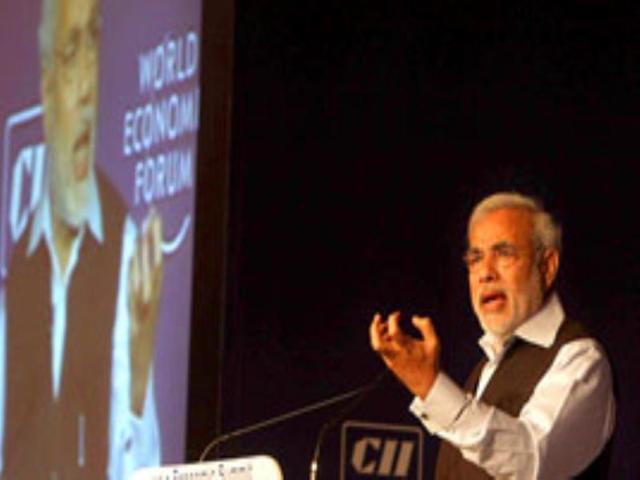 Gujrat chief minister Narendra Modi during anti terrorism rally at Shanmukhanand. HT Photo by Rajanish Kakade