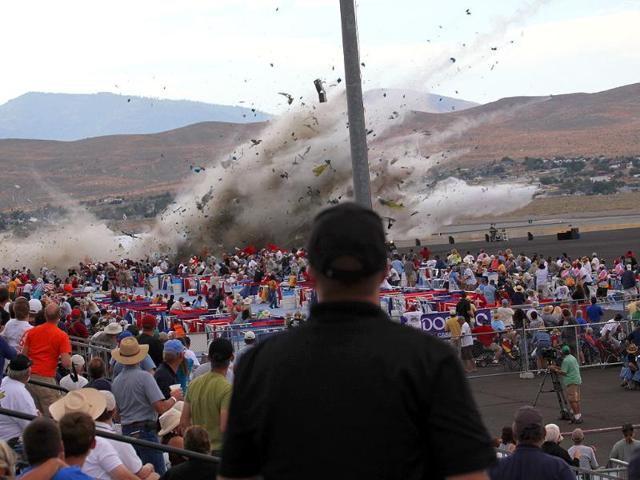 A P-51 Mustang airplane crashes into the edge of the grandstands at the Reno Air show in Reno Nevada.