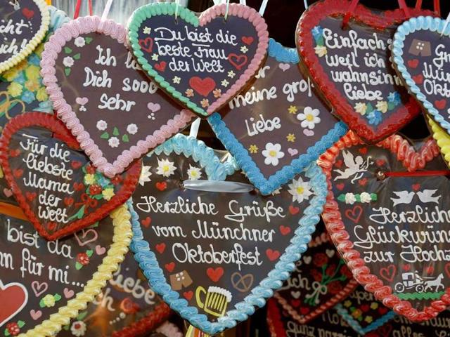 Traditional ginger bread hearts are on sale at the World's biggest beer fest, the Munich Oktoberfest, at the Theresienwiese in Munich. The world's biggest beer fest runs until October 3.