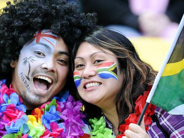Fans attend the 2011 Rugby World Cup pool D match Fiji vs South Africa at Wellington Regional Stadium.