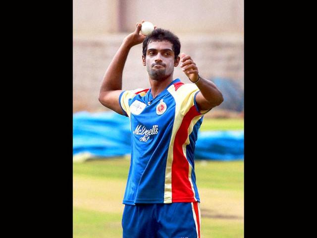 Royal Challengers Bangalore player Abhimanyu Mithun during a practice session for Champions League 2011 at National Cricket Academy ground in Bangalore.