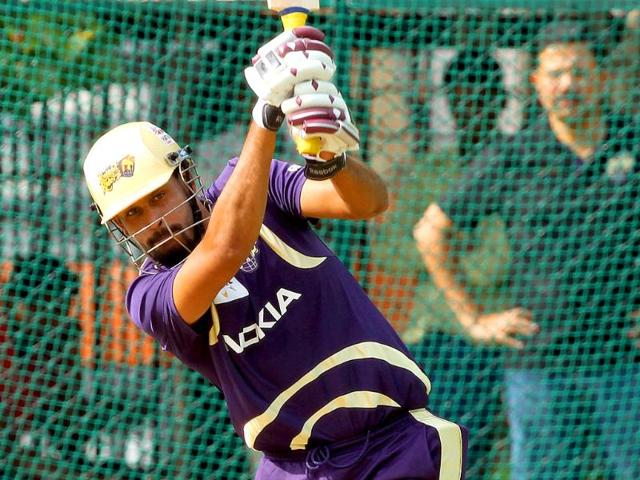 Kolkata Knight Riders player Yusuf Pathan bats during net practice for Champions League T20 in Hyderabad.