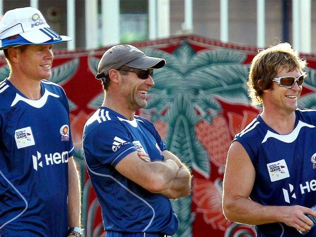Mumbai Indians fielding coaches during a practice session for Champions League 2011 at MAC Stadium in Chennai.