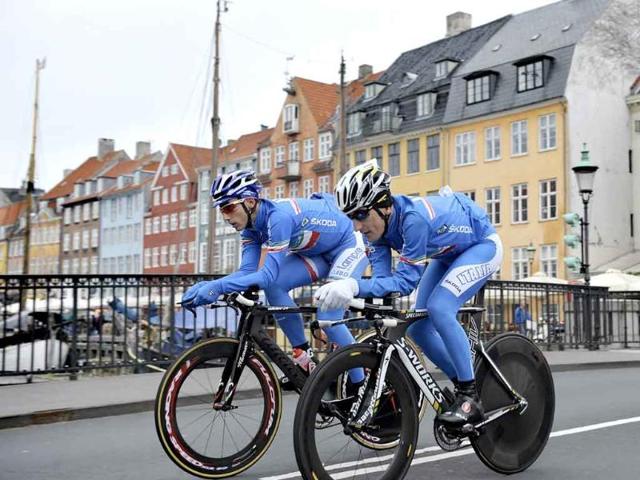 Italian cyclists ride during a training session in Copenhagen ahead of the Union Cycliste Internationale (UCI) Cycling World Road Championships which will be held in Denmark as of September 19 and which will run until September 25.