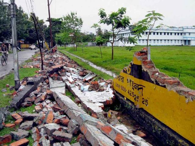 A broken school wall after last night's earthquake in Siliguri.
