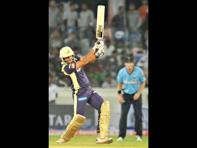 KKR batsman Manvinder Bisla plays a shot during the Champions League Twenty20 qualifying cricket pool match between Kolkata Knight Riders and Auckland Aces at the Rajiv Gandhi International Stadium in Hyderabad.