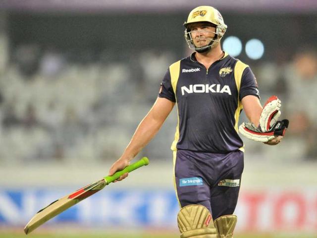 KKR batsman Jacques Kallis gestures after he was caught at the boundary during the Champions League Twenty20 qualifying cricket pool match between Kolkata Knight Riders and Auckland Aces at the Rajiv Gandhi International Stadium in Hyderabad.