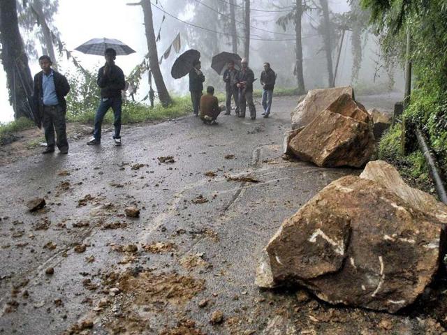 Boulders are seen on a road during after Sunday's earthquake in north Sikkim.