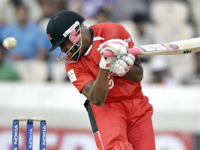 Trinidad and Tobago player Darren Bravo avoids a bouncer during the Champions League Twenty20 qualifying match between Leicestershire and Trinidad Tobago in Hyderabad.