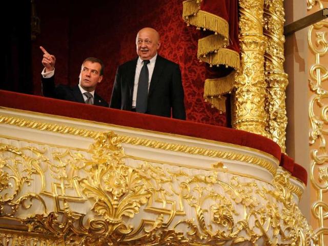 Russia's President Dmitry Medvedev (L) and Anatoly Iksanov, the general director of the Bolshoi Theatre, stand in so-called Czar's Box at the theatre.
