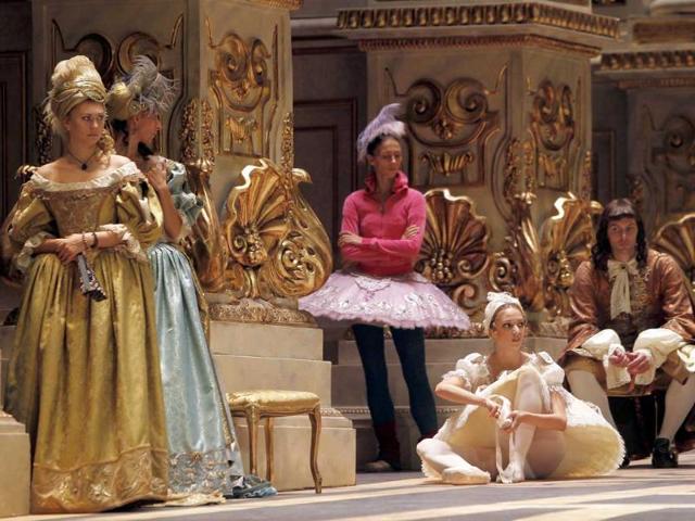Dancers rehearse The Sleeping Beauty ballet as Russia's President Dmitry Medvedev visits the Bolshoi Theatre.