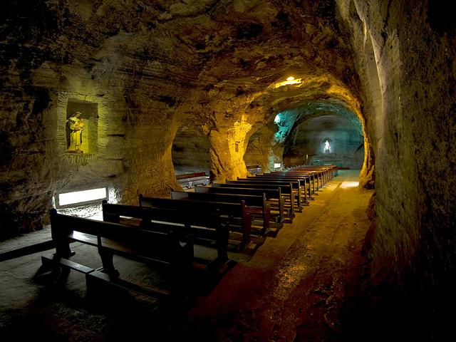 View of a chapel inside the Salt Cathedral of Zipaquira, an underground church built inside a salt mine, with its new lighting, 45 km north of Bogota. The Catholic temple, inaugurated in 1954 and made entirely of salt, contains fourteen small chapels representing the stations of the cross, illustrating the last journey of Jesus.