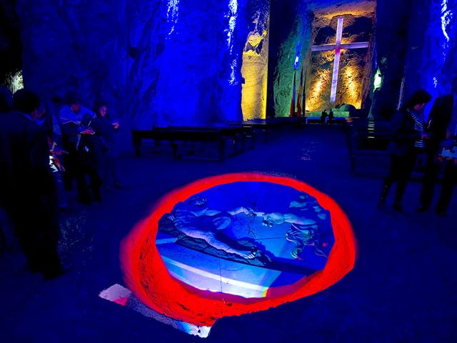 Tourists visit the Salt Cathedral of Zipaquira, an underground church built inside a salt mine. The Catholic temple, inaugurated in 1954 and made entirely of salt, contains fourteen small chapels representing the stations of the cross, illustrating the last journey of Jesus.