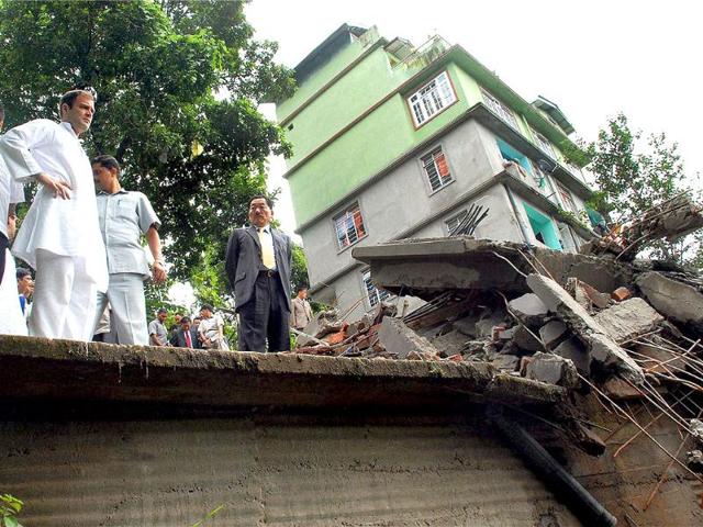 Congress general secretary Rahul Gandhi visits earthquake effected area of Lumsay in Gangtok.