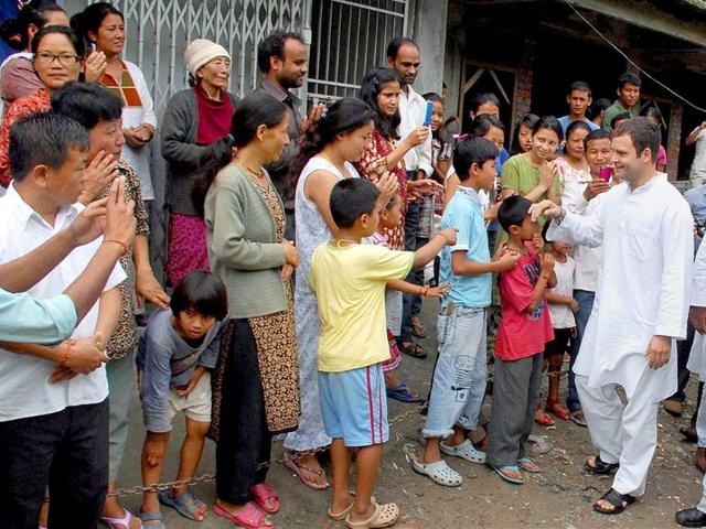 Congress general secretary Rahul Gandhi meets earthquake effected people during his visit to Lumsay in Gangtok.