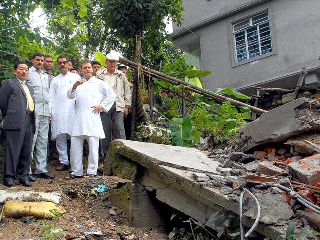 Congress general secretary Rahul Gandhi visits earthquake effected area of Lumsay in Gangtok.