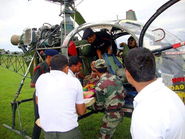 Army personnel rescue injured jawan at Mangan in north Sikkim.