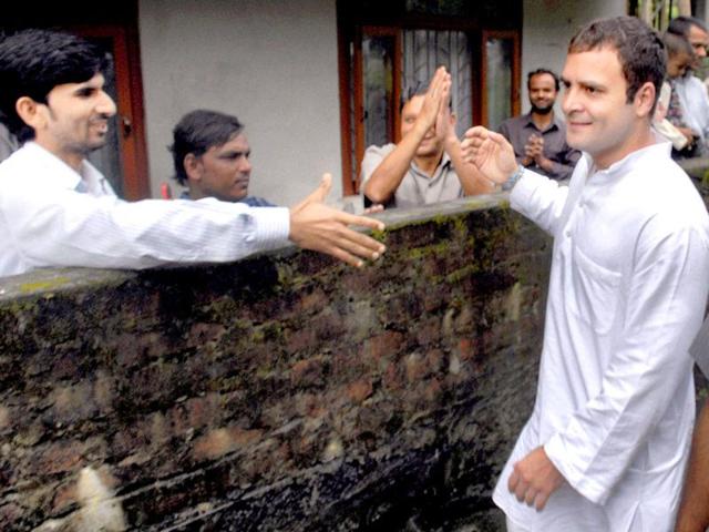 Congress general secretary Rahul Gandhi meets earthquake effected people during his visit to Lumsay in Gangtok.