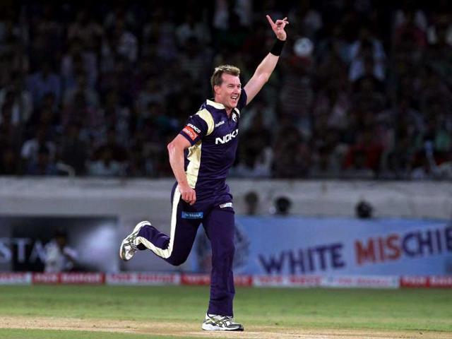 KKR bowler Brett Lee celebrates the wicket of Somerset batsman Jones during the Champions League T20 match between Kolkata Knight Riders and Somerset at Rajiv Gandhi International Cricket stadium at Hyderabad.