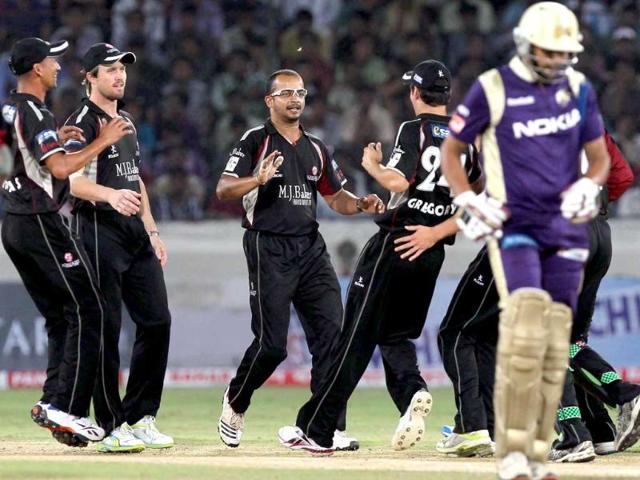 Somerset bowler Murali Kartik celebrates after he ranout KKR batsman Bisla during the Champions League T20 match between Kolkata Knight Riders and Somerset at Rajiv Gandhi International Cricket stadium at Hyderabad.