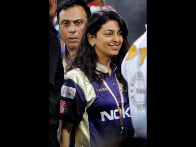 Bollywood star Juhi Chawla of the match between Somerset and Kolkata Knight Riders at Champions League Twenty20, Qualifying Tournament in Hyderabad.