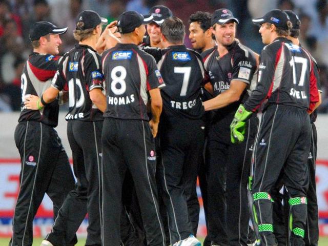 Somerset Team celebrates the dismissal of J Kallis of KKR during their CLT20 match in Hyderabad.