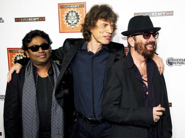 SuperHeavy members AR Rahman, Mick Jagger and Dave Stewart, left to right, attend the release party for their new CD, SuperHeavy, in New York.