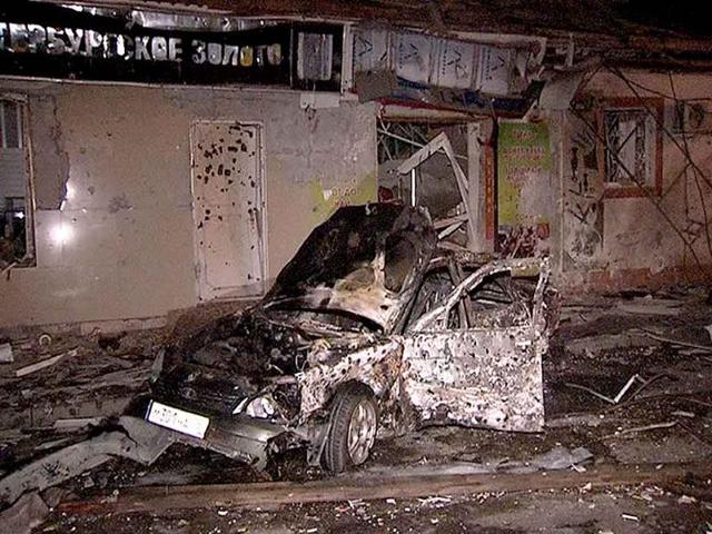 A damaged car at the site of the twin explosions in Makhachkala, the capital of Russia's North Caucasus region of Dagestan.