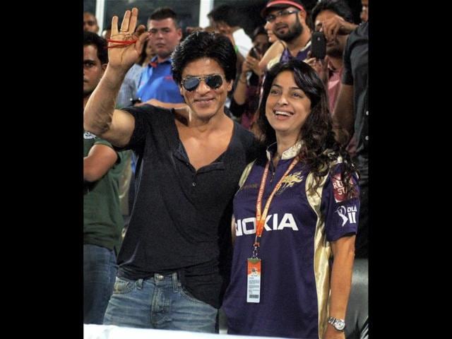 SRK and Juhi share a light moment together.