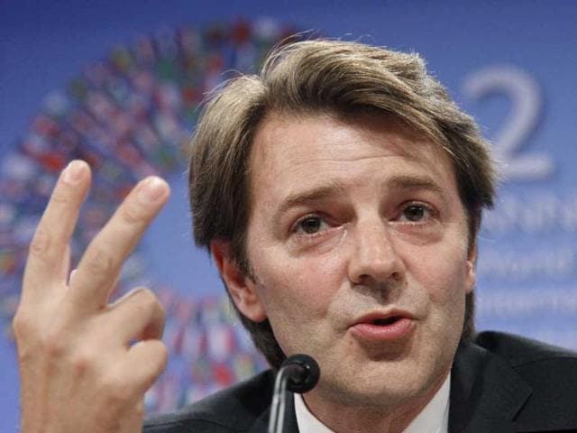 French finance minister Francois Baroin speaks to reporters during a news conference at the IMF/World Bank annual meetings in Washington.