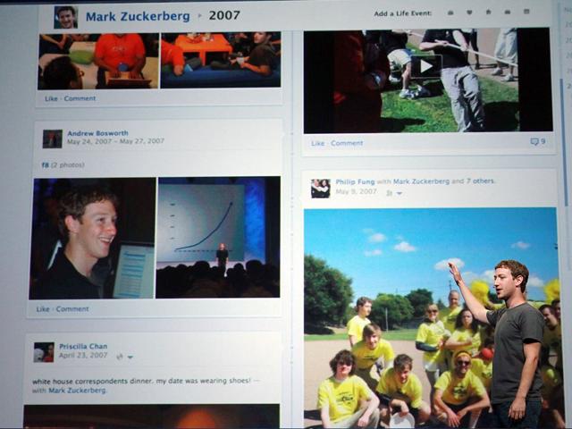 Facebook CEO Mark Zuckerberg shows off the new Timeline as he delivers a keynote address during the Facebook f8 conference on September 22, 2011 in San Francisco, California. Facebook CEO Mark Zuckerberg kicked off the conference introducing a Timeline feature to the popular social network.