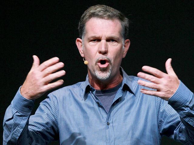 Netflix CEO Reed Hastings makes an appearance during a keynote address by Facebook CEO Mark Zuckerberg at the Facebook f8 conference.