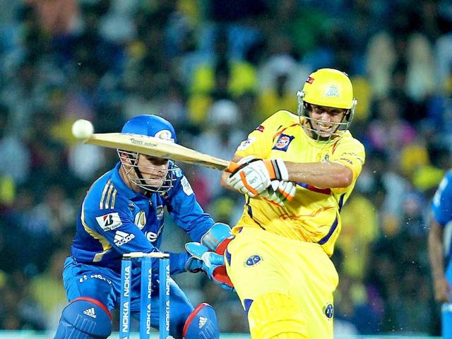 Chennai Super Kings' Michael Hussey in action during the Champions league T20-2011 match against Mumbai Indians at MAC Stadium in Chennai.