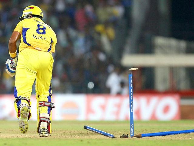 Chennai Super Kings batsmen Murali Vijay is bowled by Mumbai Indians bowler Lasith Malinga (unseen) during their Champions League Trophy T20 Cricket match at the MA Chidambaram Stadium in Chennai.