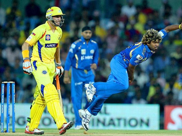 Mumbai Indians' Lasith Malinga in action during the Champions league T20 match against Chennai Super Kings at MAC Stadium in Chennai.