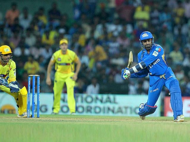 Mumbai Indians' Harbhajan Singh in action during the Champions league T20 match against Chennai Super Kings at MAC Stadium in Chennai.