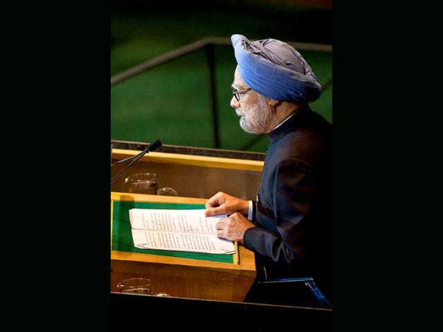 Prime Minister of India Manmohan Singh speaks at the 66th United Nations General Assembly.