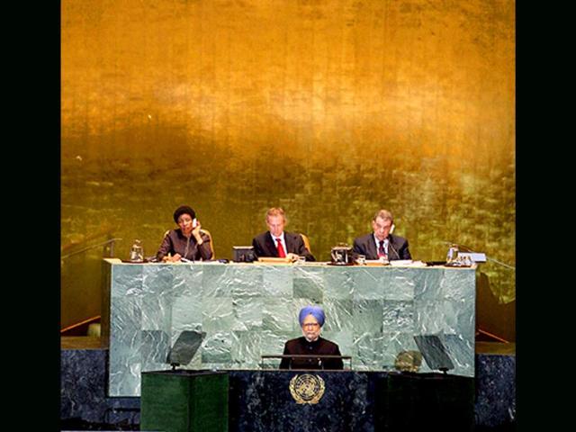 Prime Minister Manmohan Singh addresses the 66th session of the United Nations General Assembly at UN headquarters in New York.
