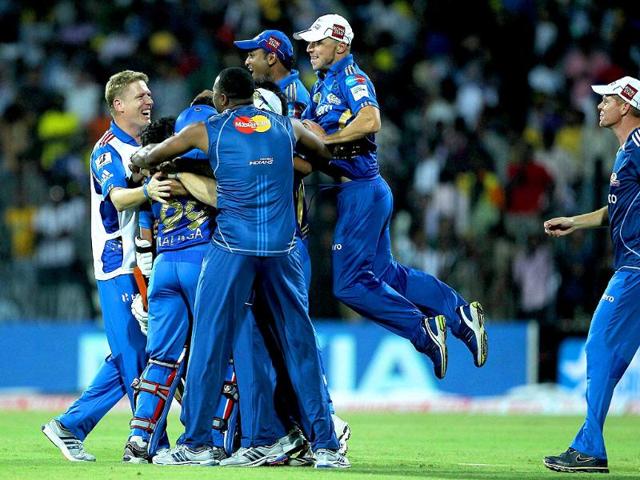 Mumbai Indians' players celebrating after win the Champions League T20-2011 match against Chennai Super Kings at MAC Stadium in Chennai.