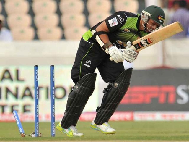 Warriors Ashwell Prince is bowled during the Champions League Twenty20 Group B cricket match between the Warriors and South Australia Redbacks at the Rajiv Gandhi International Stadium in Hyderabad.