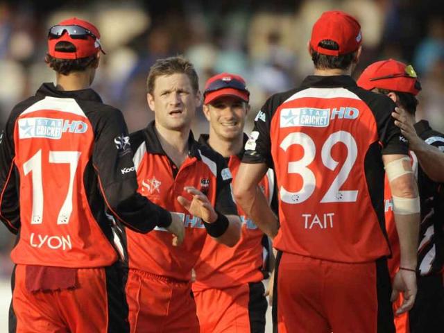 South Australia bowler Daniel Harris celebrates the wicket of Warriors batsman J Smuts during the Champions League Twenty20 cricket match in Hyderabad.