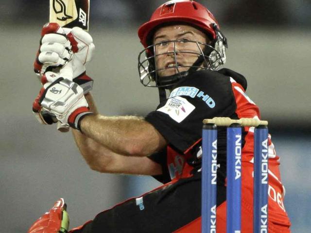 South Australia batsman Tim Ludeman plays a shot against Warriors during the Champions League Twenty20 cricket match in Hyderabad.