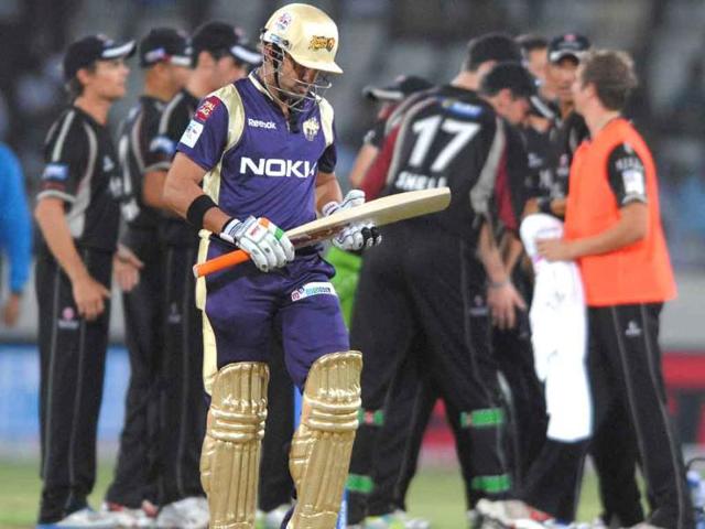 Kolkata Knight Riders batsman Gautam Gambhir leaves the ground after his dismissal against Somerset, during their Champions League Twenty20 match in Hyderabad.