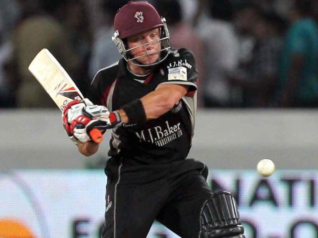 Somerset batsman Van der Merwe plays during the Champions League match between Kolkata Knight Riders and Somerset.