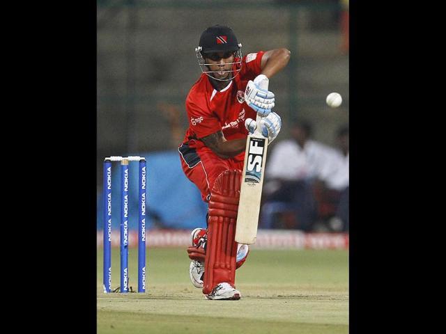 Trinidad and Tobago batsman Lendl Simmons bats during the Champions League Twenty20 cricket match against Mumbai Indians in Bangalore.